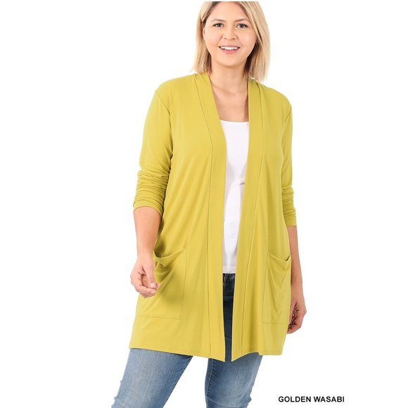 Plus Size Cardigan with Large Slouchy Pockets Color: Golden Wasabi - Picture 2 of 4